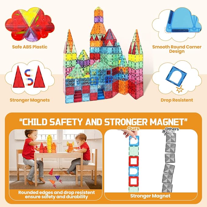 Paaxido Magnetic Tiles - 130PCS Magnetic Blocks for Kids, Magnet Tiles Building Blocks Set with 2 Cars, Construction STEM Magnet Toys Gift for Kids, Boys and Girls 3 4 5 6 7 8+ Year Old