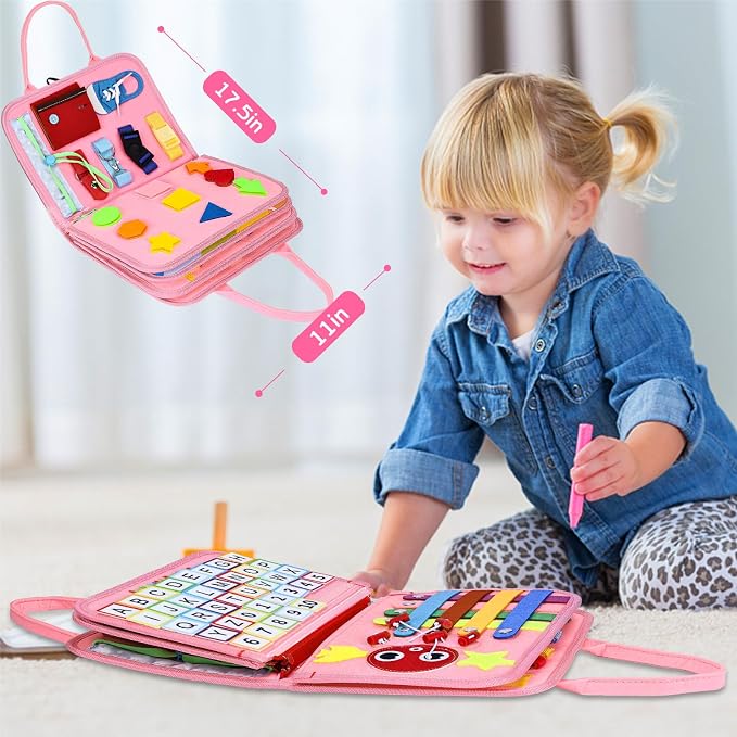 Esjay Busy Board Montessori Toys for Girls, Sensory Book Educational Activities for Learning Fine Motor Skills, Birthday Gifts for Girls, Travel Toys for Airplane Car, Pink Multipages