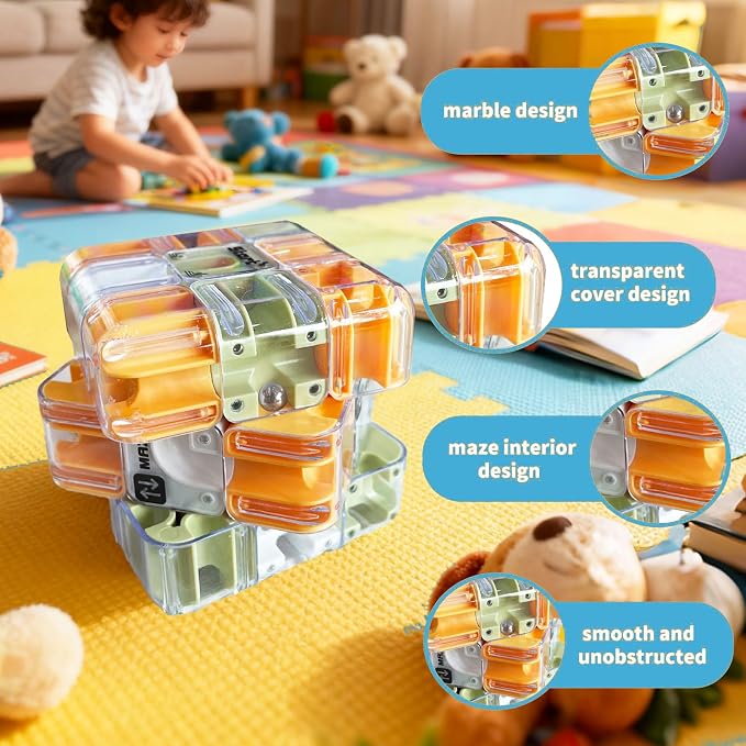 3D Cube Puzzle with Ball Track, Brain Teaser Logic Toy for Kids & Adults, Handheld Twist Challenge Cube for Spatial Reasoning, Easter Basket Stuffers for Boys Girls 8-12 Gifts(Blue)