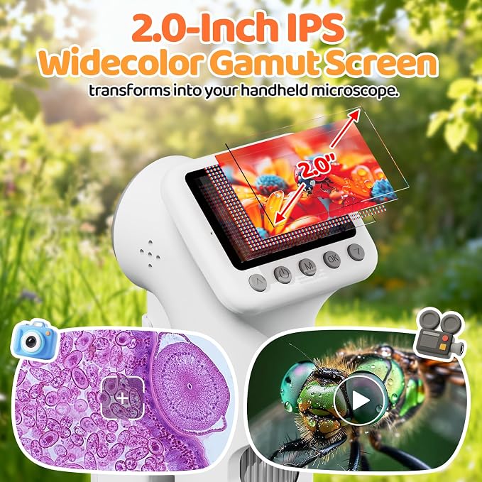 1600X Microscope for Kids, 2.0" Screen Kids Microscopes with Slides Kit Microscope for Toddlers Christmas Birthday Gifts Toys for 3-14 Year Old Children Students (White)