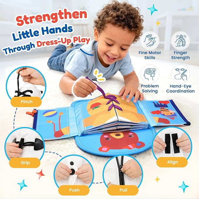 JoyCat Dressing Busy Book for Toddlers 2-4,Montessori Travel Toys | Seven real dressing activities provide buckle, zipper, button and tying practice in a portable travel busy book