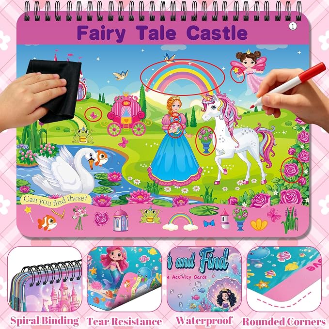 Elfew Search and Find Reusable Activity Book for Girls 3-5, 4-8 | 24 Unique Themed, With 2 Markers, Wipe Cloth & Storage Pouch, Quiet Travel Toy Gift for Toddler Kids 3-8