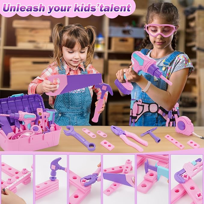 Kids Tool Set, 67 PCS Pink Kids Tool Box for Girls, Electronic Toy Drill&Tape Measure, Pretend Play Girls Toys Construction Tools Kit & Belt, Christmas Birthday Gift Ideas Tool Set Age 3 4 5+