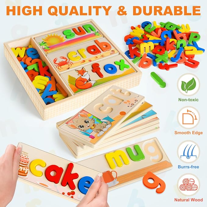 Learning Toys for 3 Year Old, Alphabet Puzzle Spelling Games Preschool | Wooden Alphabet Puzzle with 52 Letter Blocks, CVC Word Matching, Montessori Learning for Preschool Kids Ages 3-5