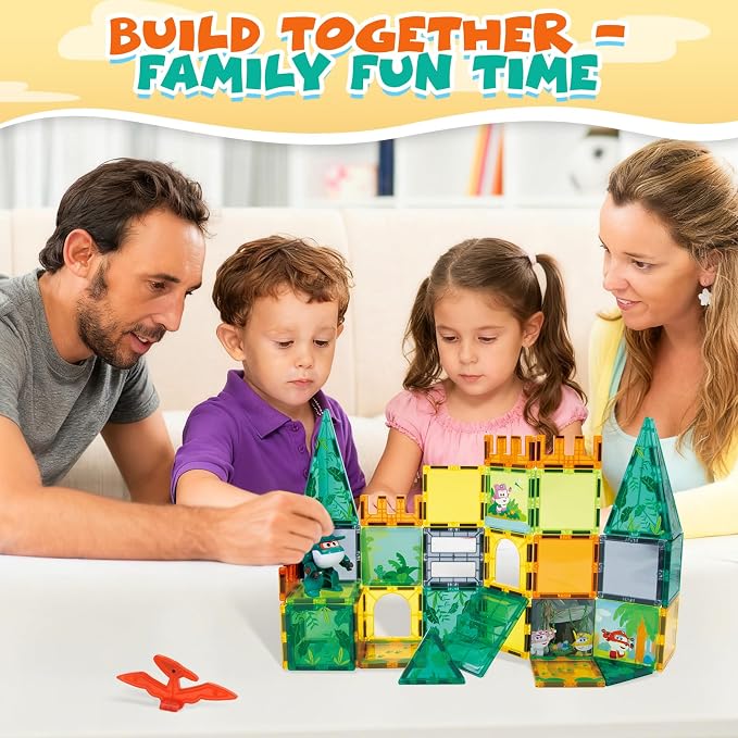 Magnetic Tiles with Tino Dinosaur Transformable Toy, STEM Building Blocks for Kids Ages 3-8, Travel Magnet Construction Set, Educational Dino Toys for Boys Girls Preschool Learning