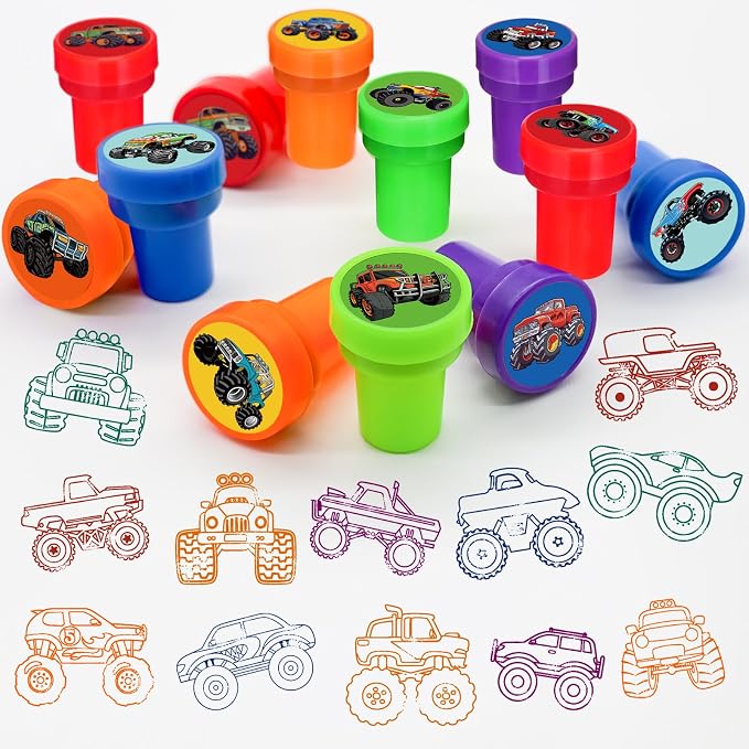 Cinrobiye 24 Pcs Monster Truck Stampers Party Favor Set, Cute Racing Truck Stamps for Kids Birthday Party, Classroom Rewards, Goody Bag Fillers, Car Racing Party Supplies, Monster Truck Themed Toys