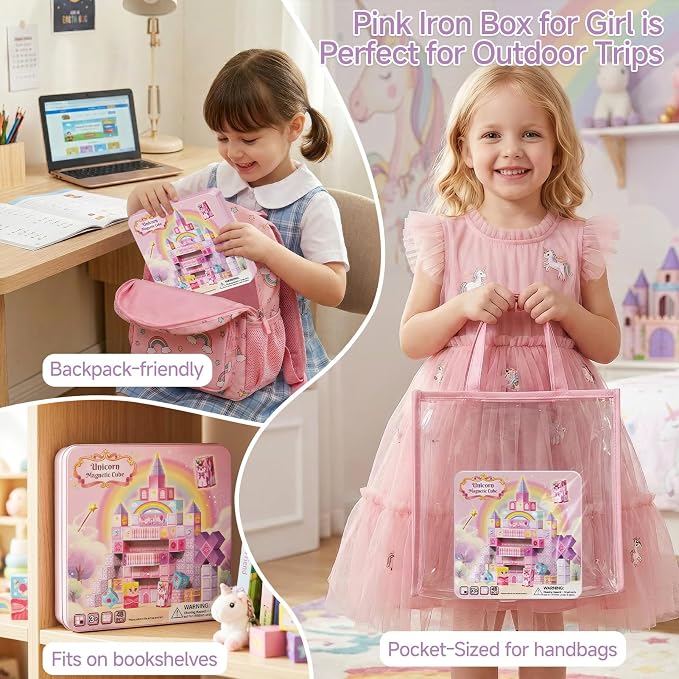 burgkidz Magnetic Blocks Girls Travel: Unicorn Patent Pending Cones & Wands | 48PCS, Ultra-Lightweight 12.5Oz, N32 Magnets 35-45dB Quiet 45s Cleanup - Airplane Car Activities Ages 3-8