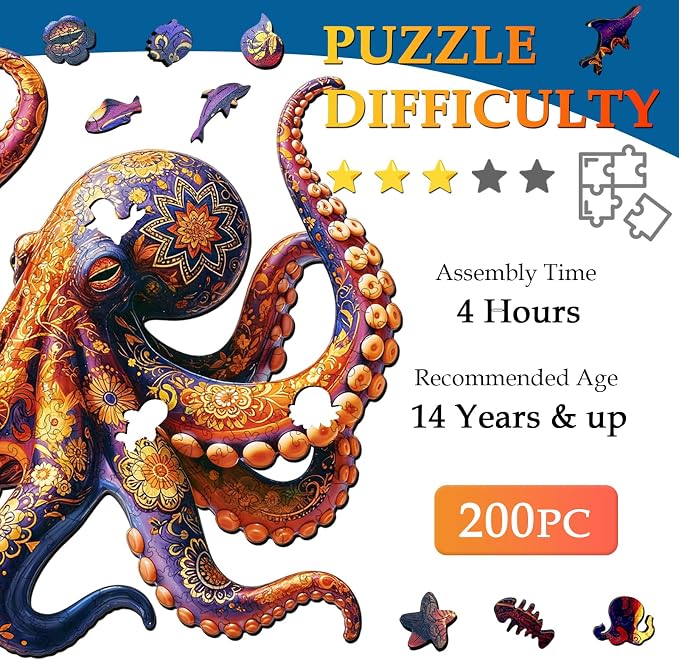 Wooden Puzzles for Adults, Octopus Jigsaw Puzzles for Adults, 5MM Unique Animal Shaped Wood Cut Puzzles 200 Piece, Fun Challenging Octopus Puzzles Gift for Kids Family Game Night Home Decor 10.5*11in