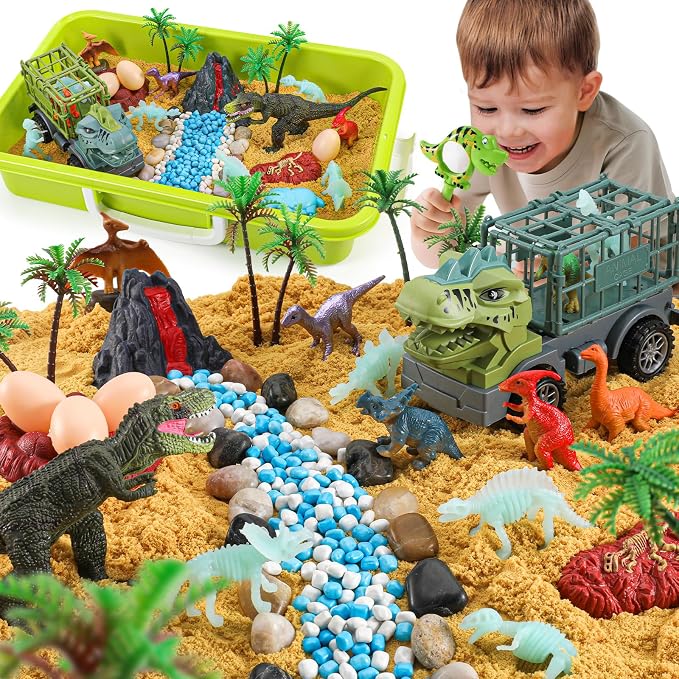 FRUSE Dinosaur Sensory Bin with Dinosaur Toys and 2.2lbs Play Sand for Kids | Play Sand Art Kit, Sandbox with Lid, Glow in the Dark Dinosaurs, Dino Magnifying Glass, Sand Toys, Learning Toys, Kids Gifts