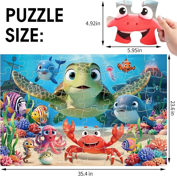 Jumbo Floor Puzzle for Kids, 48 Piece Animal Sea Turtle Puzzle Ages 3-8 | Extra-Thick Easy-Grip Pieces Form a 35.4 x 23.6-Inch Underwater Scene,Preschool Learning Educational Gift for Boys and Girls