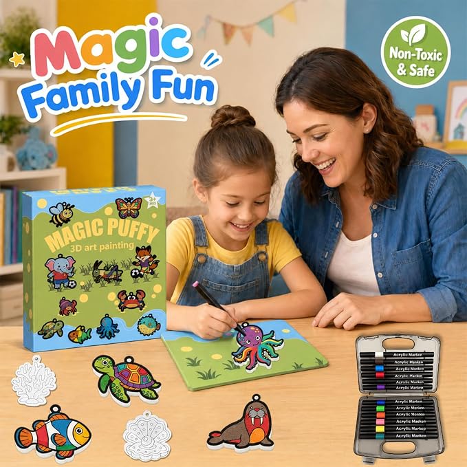 MWOMGLP Magic Foam Texture Painting Kit, 16 Pack DIY Puffy Foam Art Craft Set for Kids, 3D Sensory Painting Paper with Colorful Foam Sheets, Creative Gift for Boys Girls Ages 3+(Marine Animal)