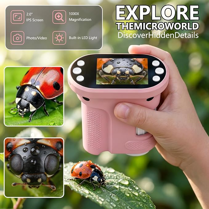 Kids Digital Microscope, 1000X Handheld Pocket Microscope STEM Science Toy | 2.0" IPS Screen, 8 LED Lights, Photo & Video Capture, Rechargeable Design, Educational STEM Gift for Kids Ages 3-12
