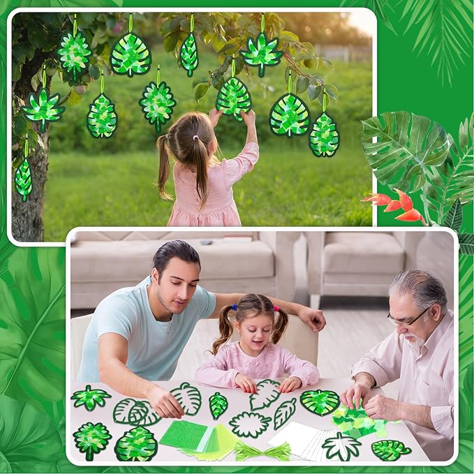 Qyeahkj 36 Set Palm Sunday Suncatchers Crafts for DIY Easter Palm Leaves Window Tissue Paper Crafts Kit Green Leaf Hanging Decor for Spring Home Activity Art Project Party Favor Gift