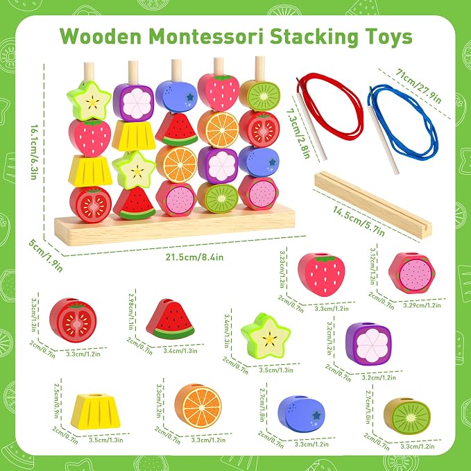 Melofaver Montessori Wooden Beads Stacking Toys, Shape Sorter for Ages 3-5 | Wooden Fruit Toddler Toys, Stacking Blocks & Lacing Beads & Shape Sorter, Preschool Learning Toys Gifts for Kids Boys Girls