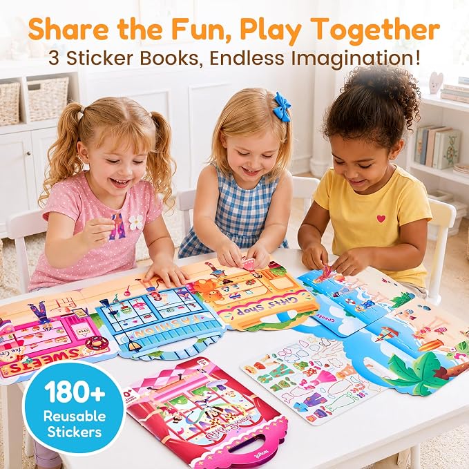JoyCat Reusable Dress Up Sticker Books, 3-Pack, City Seaside Dreams | 180+ washable stickers, kids car activities, toddler activity, preschool road trip toy, birthday gift for girls ages 3-5