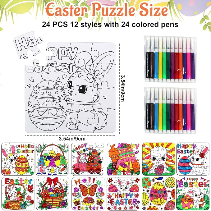 24 Pcs Easter Crafts Puzzle for Kids Ages 4-8, Easter Activities Arts DIY Jigsaw with Egg Bunny Basket Flower, Spring April Craft for Party Favors Gifts Christian Classroom Coloring Games Toy Bulk