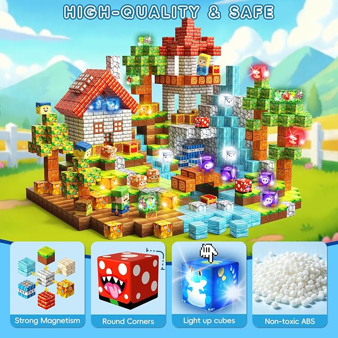 116 PCS Mini Magnetic Blocks Building Toys with 7 Light-Up Cubes, Portable Magnetic Travel Blocks with Iron Case for Kids Aged 3+, Educational Toy for STEM & Construction Learning