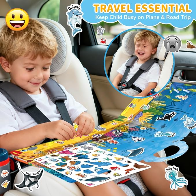 6 Sets Reusable Sticker Book for Toddlers 3-6, Jelly Sticker Books for Toddler, Travel Sticker Activity Toys for Kids 3 4 5 6 Years Old Girls & Boys