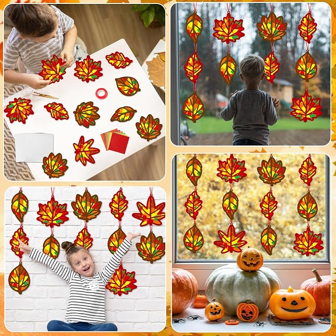 Qyeahkj 36 Set Fall Maple Leaves Suncatchers Crafts for DIY Autumn Window Tissue Paper Crafts Kit Thanksgiving Maple Hanging Decor for Fall Home Activity Art Project Birthday Party Favor Gift