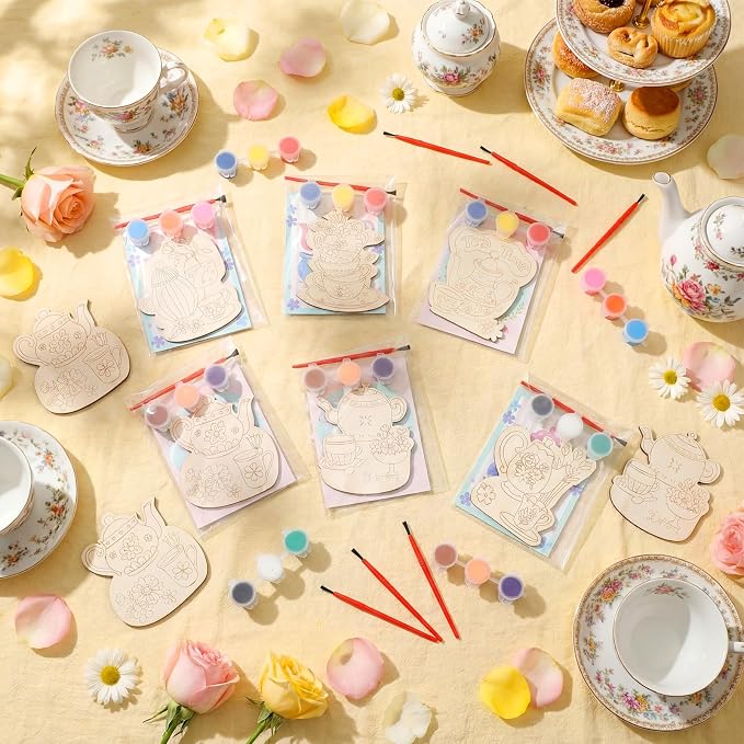 Chunful 24 Sets Tea Time Party Favors Wooden Tea Painting Crafts Kits for Kids DIY Floral Teapot Paint Arts and Crafts Gifts for Birthday Baby Shower Wedding Party Favors Classroom Art Project