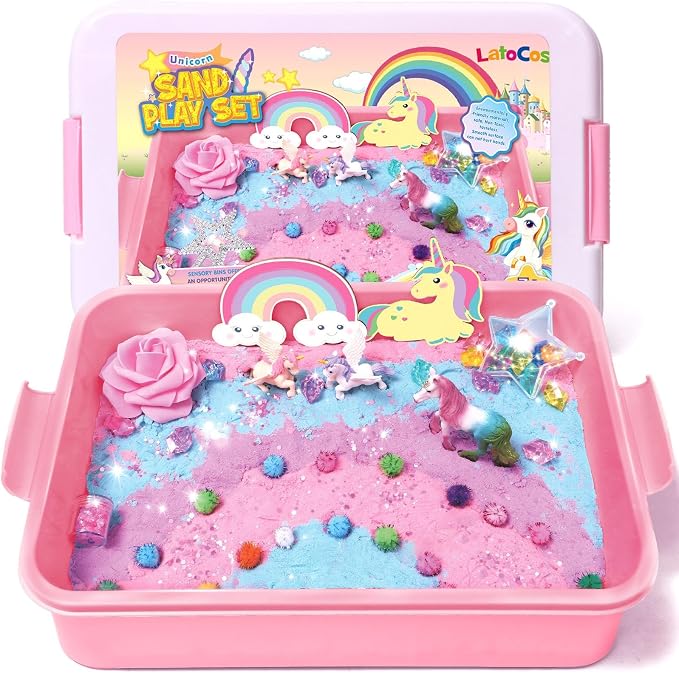 G.C Unicorn Sensory Bin for Girl Kid Toy, Play Sand Art Kit 108pcs with Sandbox, 2lb Color Sand, 6 Castle Molds, Unicorn Tactile Sensory Toy Christmas Birthday Gift for Girl Toddler Ages 3 4 5 6 7 8