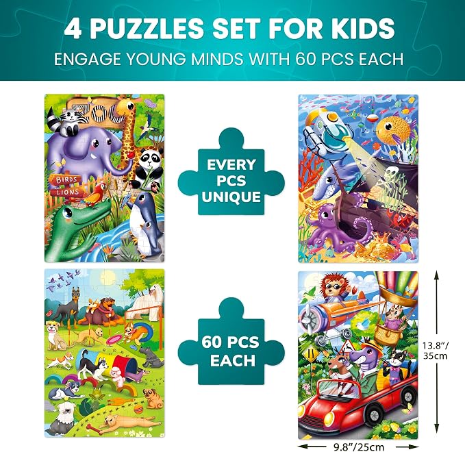 60 Piece Puzzles for Kids Ages 4-6 - 4 Jigsaw Toddlers Puzzles Ages 3-5 | Zoo, Dogs, Animals Puzzles for Children Ages 6-8 - Educational Gift Game for Boys and Girls
