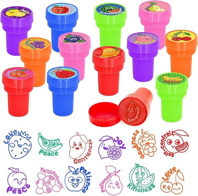 Cinrobiye 24 Pcs Fruit of the Spirit Stampers Party Favor Set, Cute Bible Learning Stamps for Kids Sunday School, Church Classroom Rewards, Faith Based Gifts, Goody Bag Fillers