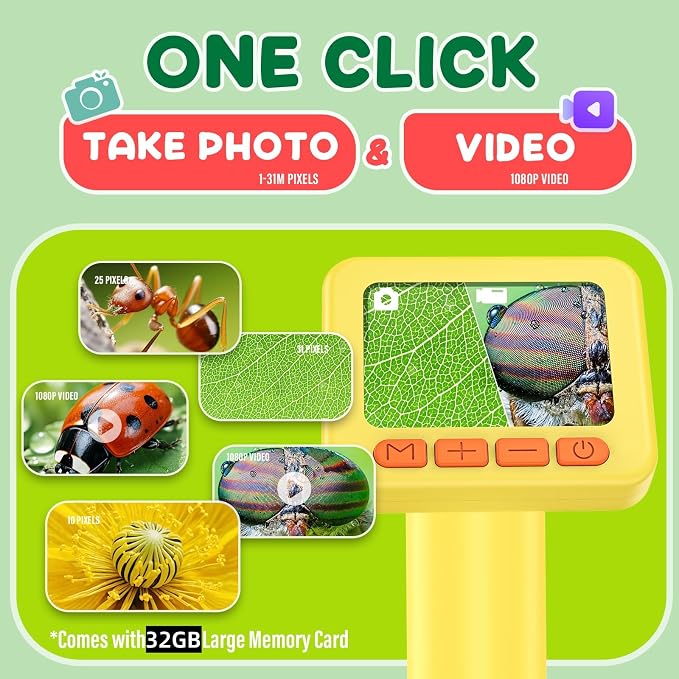 IMICHI Microscope for Kids 50X-1000X 2 inch IPS HD Screen, 32GB Storage Card, 1080P Video, 2-Hour Battery Life, Easy Carry, Slides Included - Perfect Science Kit Gift for Kids Ages 8-12 Yellow
