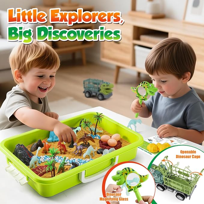 FRUSE Dinosaur Sensory Bin with Dinosaur Toys and 2.2lbs Play Sand for Kids | Play Sand Art Kit, Sandbox with Lid, Glow in the Dark Dinosaurs, Dino Magnifying Glass, Sand Toys, Learning Toys, Kids Gifts
