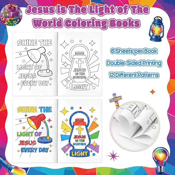 Dvbonike 24Pcs VBS Religious Coloring Books Illumination Station DIY Pages | Jesus is The Light of The World, Christian Party Favor, Color-in Booklet Bulk, Sunday School Supplies, Classroom Reward, Gift