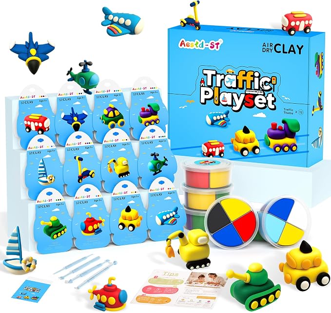 Aestd-ST Air Dry Clay Kit -Traffic Theme, Modeling Clay for Kids | DIY Magic Clay with Sculpting Tools and Tutorials, 12 Boxes Molding Clay, Soft & Non-Sticky, Arts and Crafts Gift for Kids