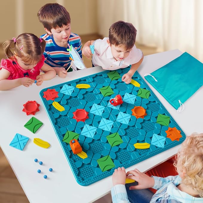 Kids Toys STEM Board Games - Large Size Logical Road Builder Educational Brain Teasers Puzzles Toys, Preschool Learning Montessori Big Board Maze Birthday Gifts Kids Boys Girls Age 4-8 Year Old | Royal Blue logic board: 14 tracks, 2 start/end, 2 windup...