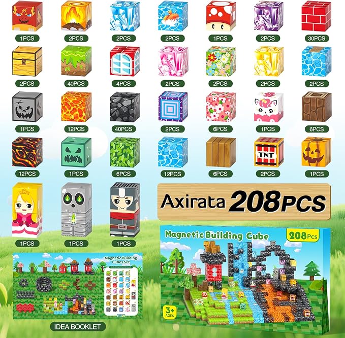 Axirata 208 PCS Magn-etic Building Blocks Set STEM Toys for Kids Ages 3+ | Magn-etic Building Cubes, Toddler Creative Construction Sensory Toy, Mag-net Tiles, Birthday Gift for Boy Girl Age 3-5-8-12+