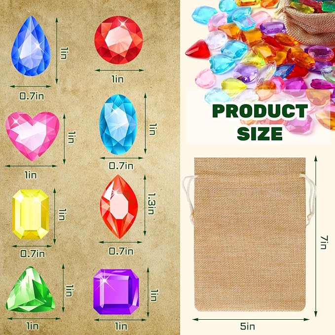 150 Pcs Pool Diving Gems Toys Colorful Pirate Treasure Jewels | Fake Acrylic Gems, Plastic Diamonds Gemstones with a Burlap Bag, Vase Filler, Summer Beach Toys, Pirate Party Favors Decor