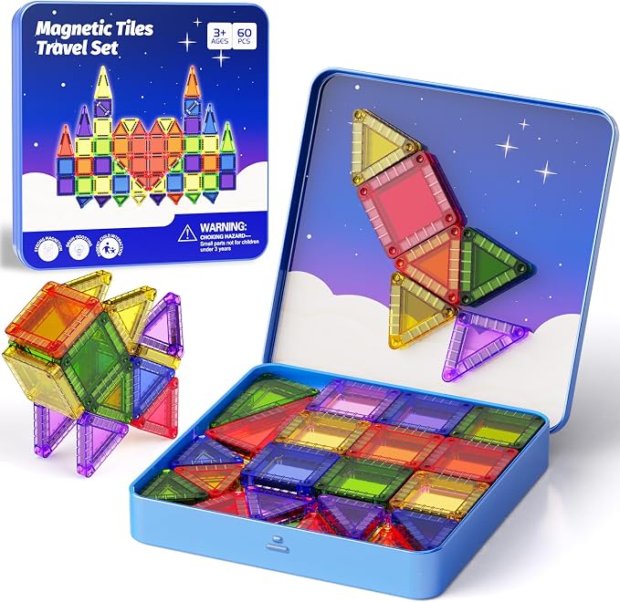 Mini Magnetic Tiles Travel Kit: 60Pcs Airplane Activities & Road Trip Toys | Visual Storage Box & Metal Play Base - Portable STEM Sensory Building Blocks for Toddlers & Kids Ages 3-8