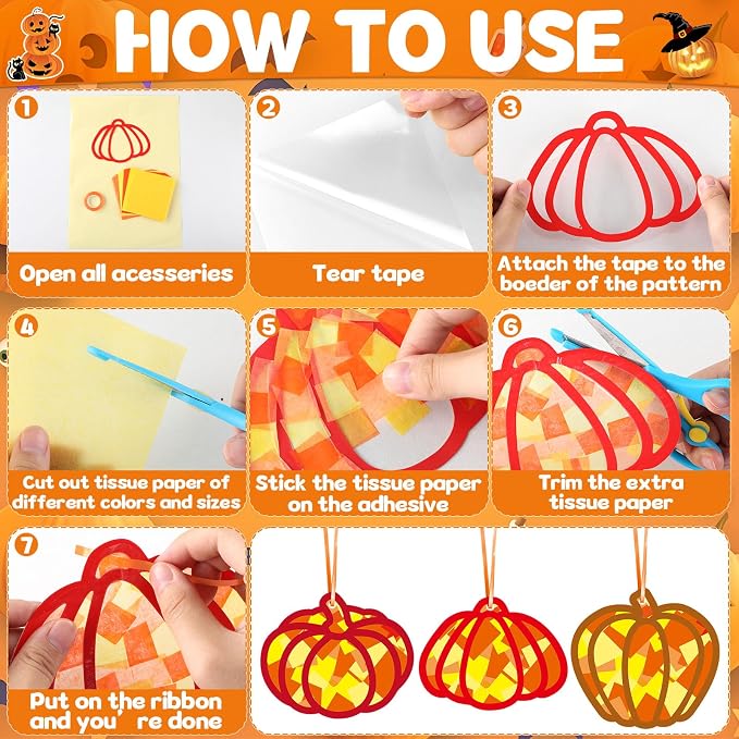 Qyeahkj 36 Set Fall Pumpkin Suncatchers Crafts for DIY Autumn Window Tissue Paper Crafts Kit Thanksgiving Pumpkin Hanging Decor for Fall Home Activity Art Project Birthday Party Favor Gift