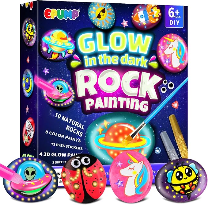 EPUMP Rock Painting Kit for Kids - Glow in The Dark Arts and Crafts Supplies Kits for Girls Boys - Kids Activities Creative Art Set Birthday Gifts DIY Paint Toys for Age 6 7 8 9 10 11 12 Years Old