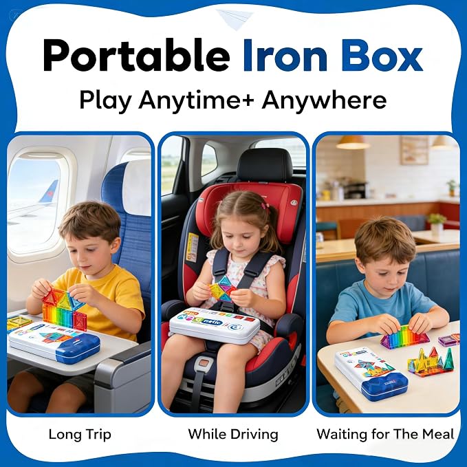 Magnetic Tiles for Kids Mini Magnetic Building Tiles with 2 Cars, Travel Magnetic Tiles with Case,STEM Toys for School Acitivities, Magnets Construction Tile Toy Ages 3-8 Boys Girls