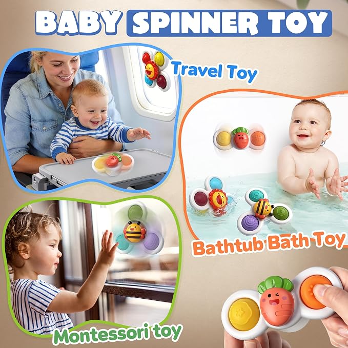3PC Suction Spinner Toys for Babies 12 Months, Bath & Window Suction Toys, Airplane Travel Activities, Montessori Sensory Fidget Toys, Easter Basket Stuffers Gifts for 1 Year Old Boys Girls