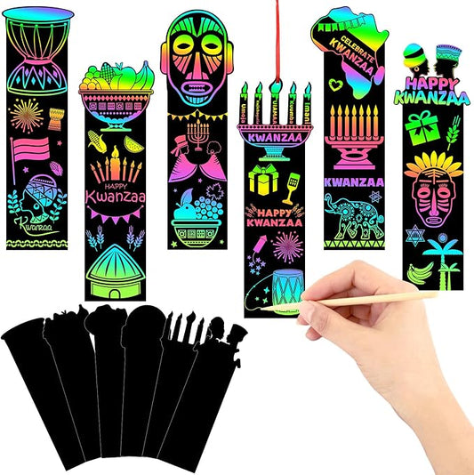 JUNEBRUSHS 30Pcs Kwanzaa Craft for Kids, Rainbow Magic Scratch Art Bookmark | Paper Kwanzaa Gifts for Kids, School Classroom Activities, Games DIY Arts and Crafts Kit Party Favors