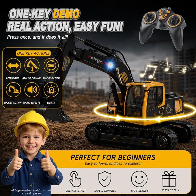 1:18 Scale RC Excavator Toy with Metal Shovel, 11 Channels Remote Control Construction Truck, Real Digging on Dirt & Sand 2 Rechargeable Batteries Gift for Boys Girls Kids 6-12 Years Old