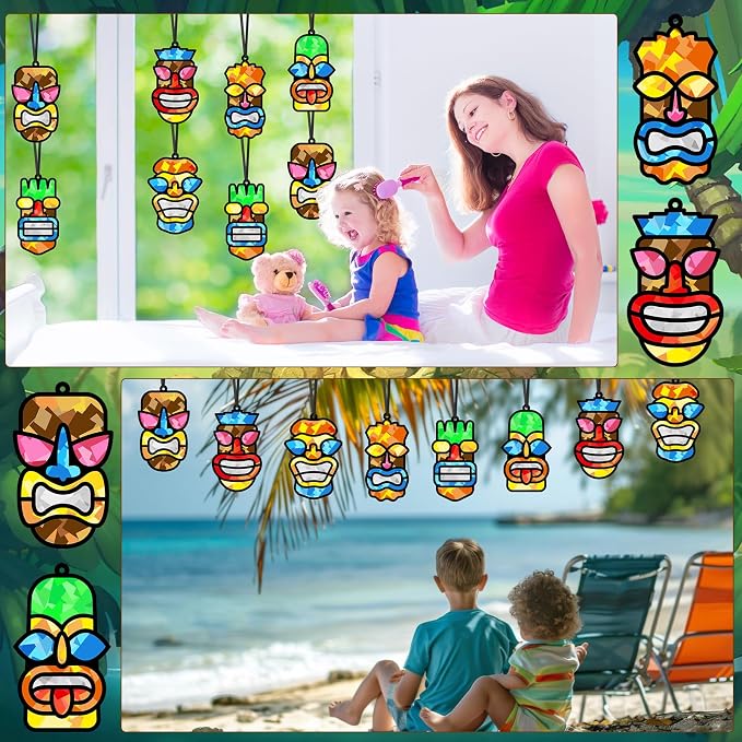 Qyeahkj 36 Set Tiki Theme Suncatchers Craft Tropical Hawaii Suncatchers Craft Kit Summer Luau Window Tissue Paper kit Window Hanging Decoration for Home Art Project Party Favor Gift