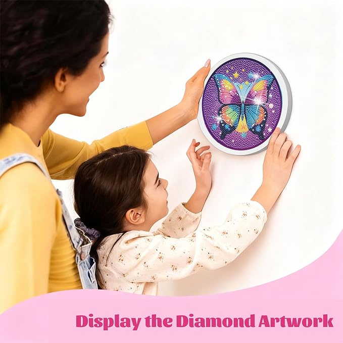 Gemozaic Butterfly Diamond Art Kits for Kids Ages 6-8-12, Round Frame, 8x8 | Cute Animal Diamond Art for Kids 6 8 9 10 12 Year Old, Easy Kid Big Gem Painting, DIY Arts and Crafts for Girl Birthday Gift