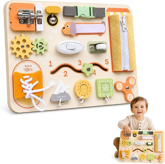 Montessori Busy Board for Toddlers, Wooden Sensory Toys, Preschool Learning Activities for Fine Motor Skills Travel Toy, Basic Life Skills Educational Gifts for 1 2 3 Years Old Kids Boys Girls (Green)