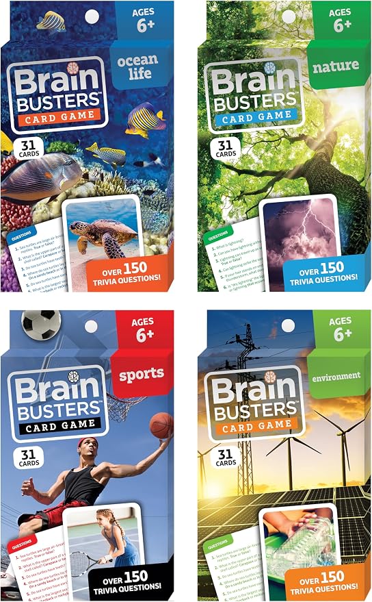 Brain Busters Trivia Card Set, Family Knowledge Cards Bundle with 120 Flash Cards - Multiple Choice Topics Including Environment, Sports, Ocean Life and Nature (Ages 6+)