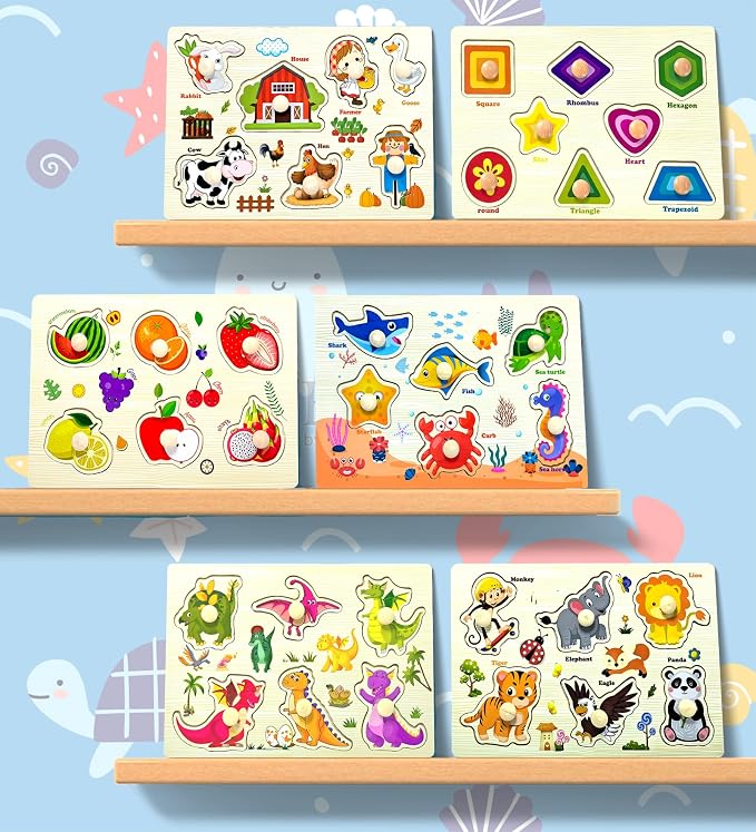 Wooden Peg Puzzles for Toddlers,Montessori Toddler Jigsaw for Child,Fine Motor Skill Learning Puzzle Toys for Baby Boys Girls Gifts-6 Pcs Shape,Farm,Sea Animal,Dinosaurs,Fruits,Animal