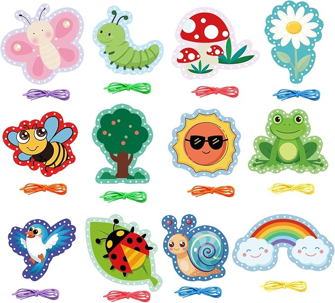 Lacing Cards for Toddlers Fine Motor Skills Montessori Travel Activities | Summer Theme Double-Sided Sewing Cards with Colorful Laces Classroom Supplies Quiet Time Educational Games for Kids ﻿