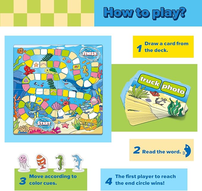 Broytain Word Ocean Phonics Board Game for Kids, Educational Learning Board Game for Boys and Girls, Reading and Spelling Game Ages 4-6, Classroom Travel Indoor Outdoor Family Game