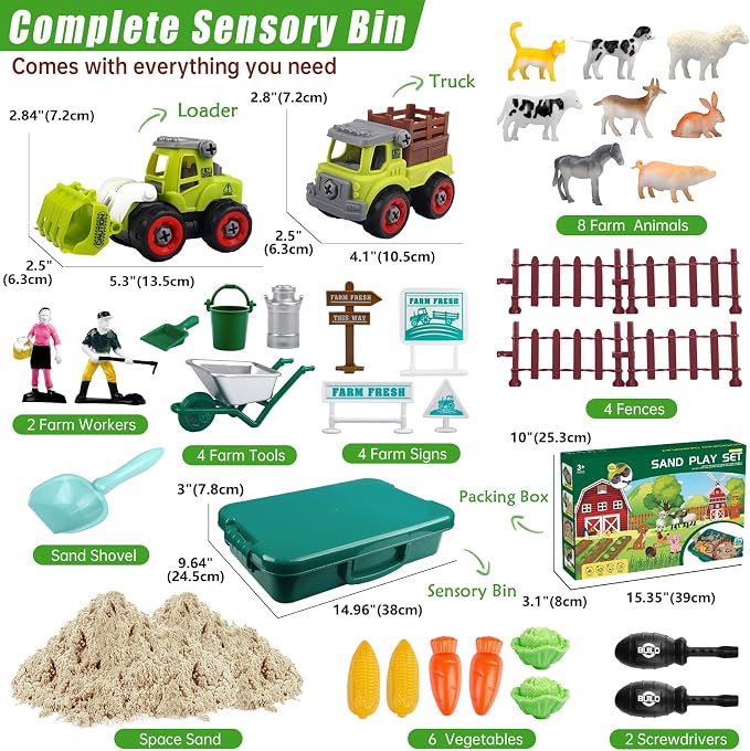 Aliex Farm Sensory Bin, Sensory Kits with Play Sand for Toddlers Ages 3-8 | 31pcs Farm toys with 2.2lbs moldable magic sand, animals trucks for creative play, sandbox with lid, birthday gift for boys