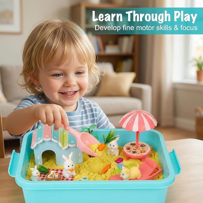 Carolart Hamster Sensory Bin, Animal Play Set, Sand Box with Glow Stones | Rabbit and hamster pretend play sandbox, sensory sand activity, pet habitat toy, gift for kids ages 3-8